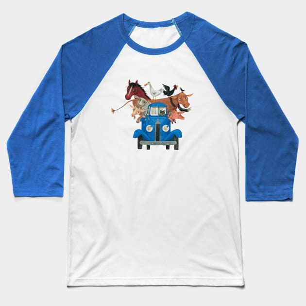 Little Blue Truck and Farm Animals Illustration Baseball T-Shirt by GoneawayGames